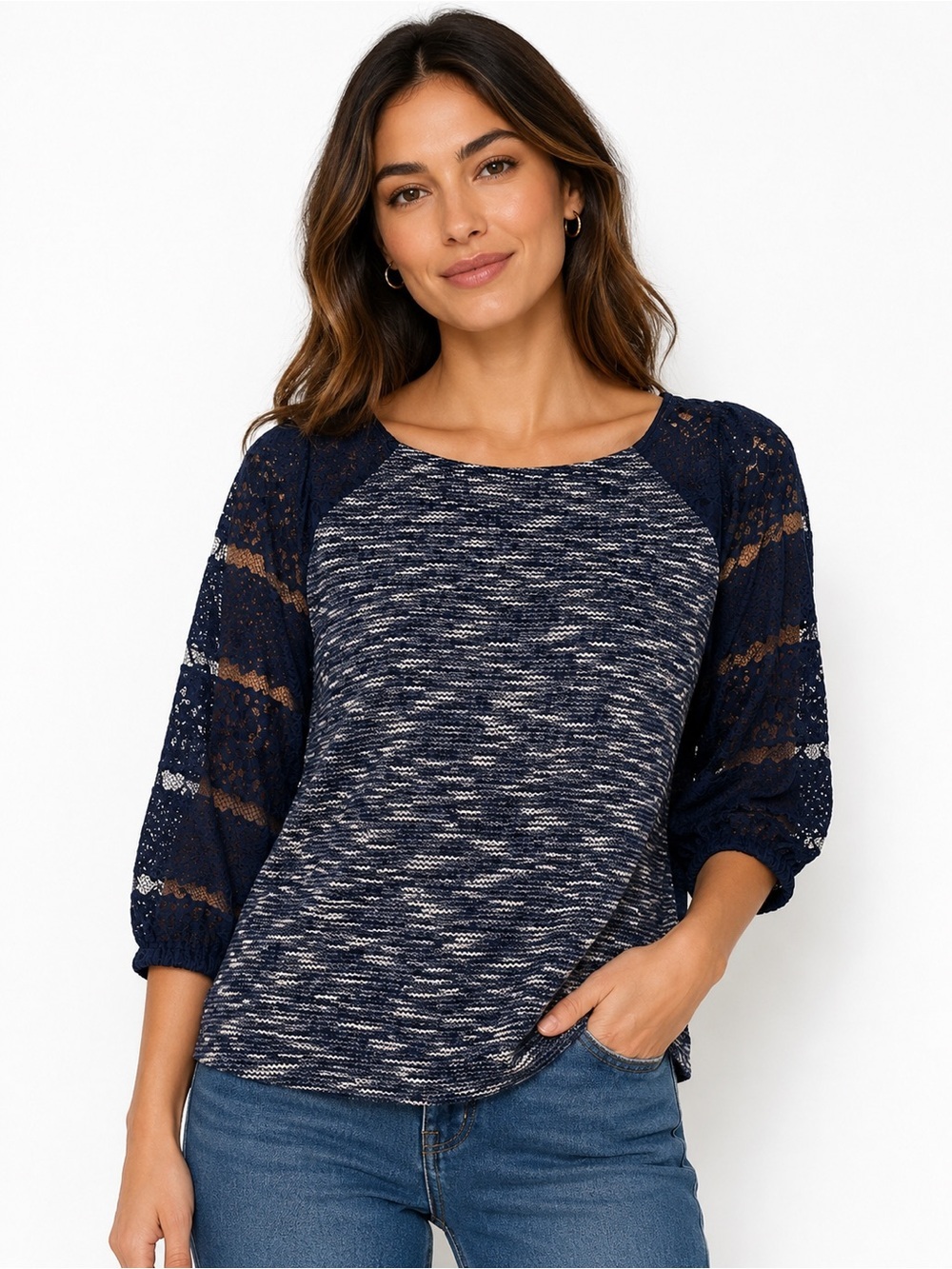 Anthropologie Postage Stamp Shirt Sz SMALL Navy Blue White 3/4 Lace Sleeves EUC